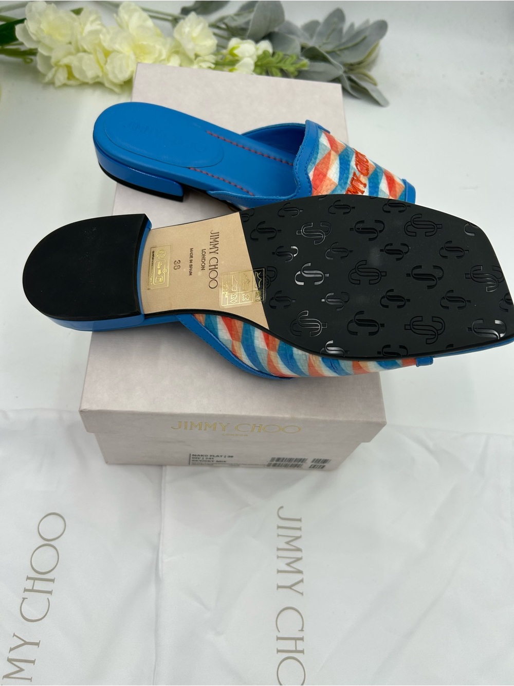 Women's Jimmy Choo Bright Blue Multicolor Patterned Slide Sandals size 38 - Picture 5 of 10